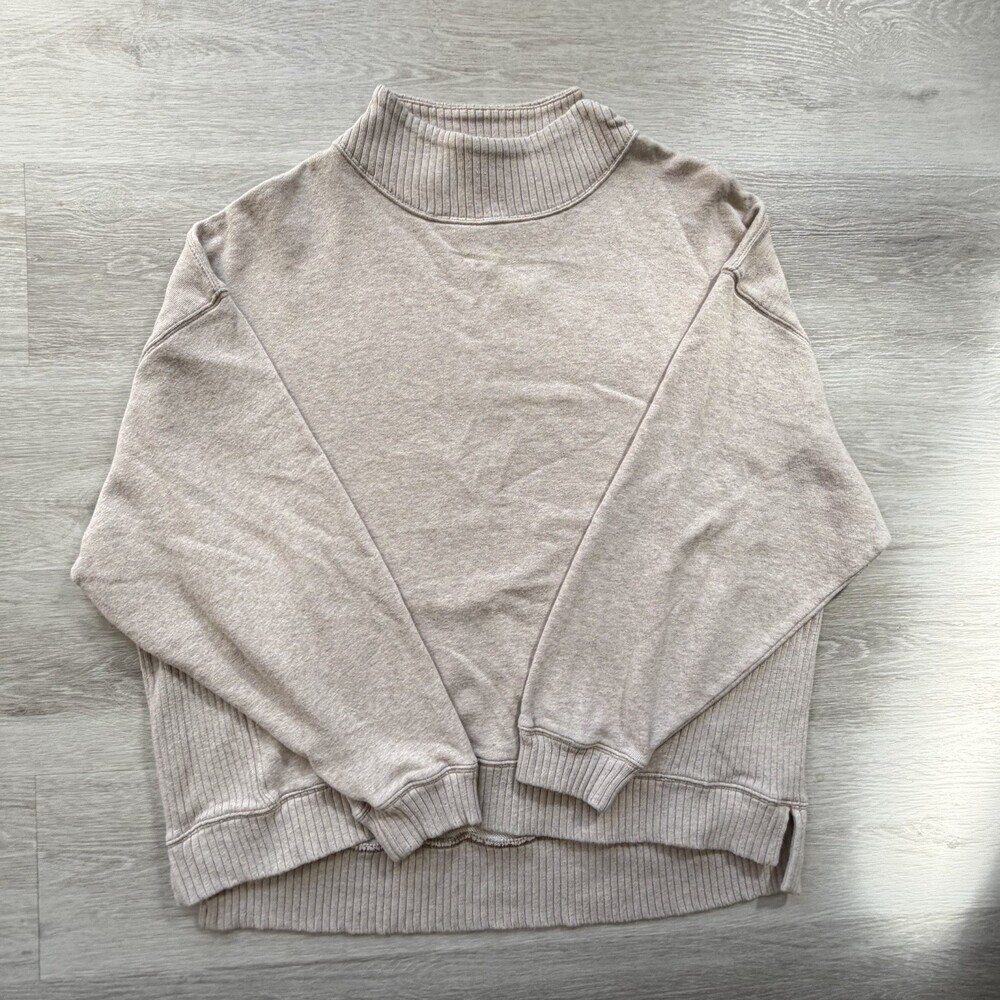 AERIE Oversized Mock Neck Sweatshirt Oatmeal Beige Ribbed Side Panels Size Large